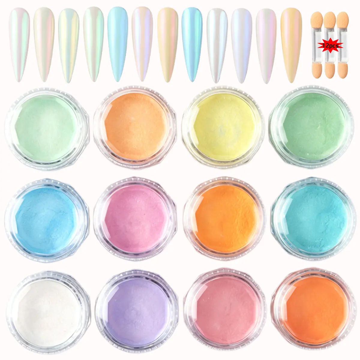 12 PCS Aurora Chrome Nail Powder, Spring Summer Fairy Mermaid Iridescent Nail Pigment Set, Pastel Macaron Mirror Effect Nail Art Glitter with Sponge Applicators, Manicure Decorations for DIY & Salon