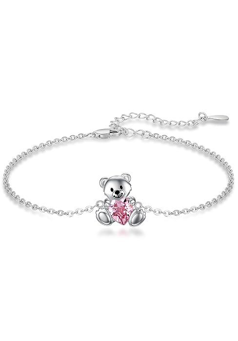 Teddy Bear Crystal Necklaces for Women 925 Sterling Silver Bear Birthstone Necklace Birthday Valentines Day Teddy Bear Jewelry Gifts for Mom Daughter Wife