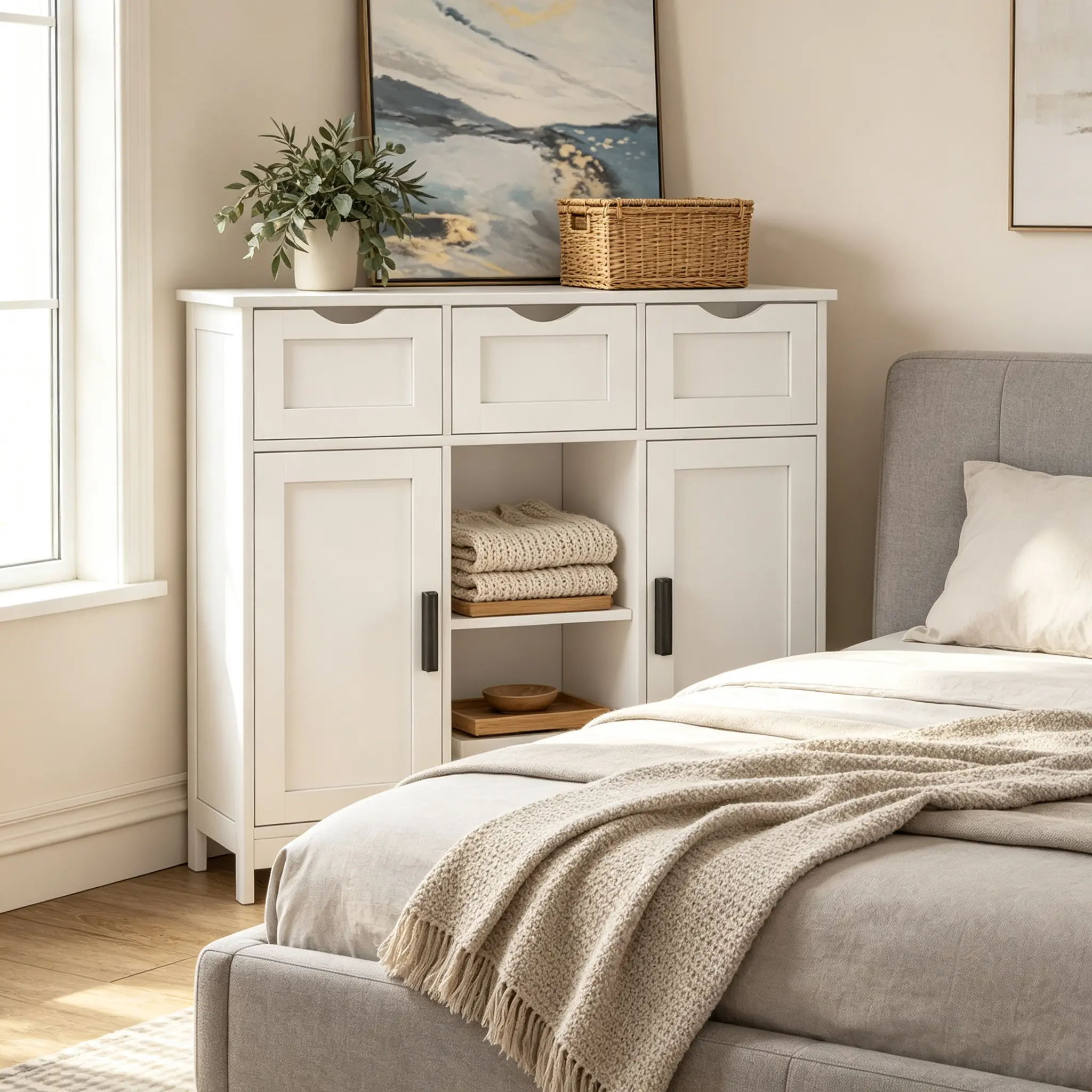 White Wood Adjustable Storage Cabinet - MDF Board Indoor Cupboard with Adjustable Shelves, Functional Drawers, Open Compartments, Cabinet Enclosure, Easy Installation, Includes Manual, Book Organization Living Room Accent Furniture