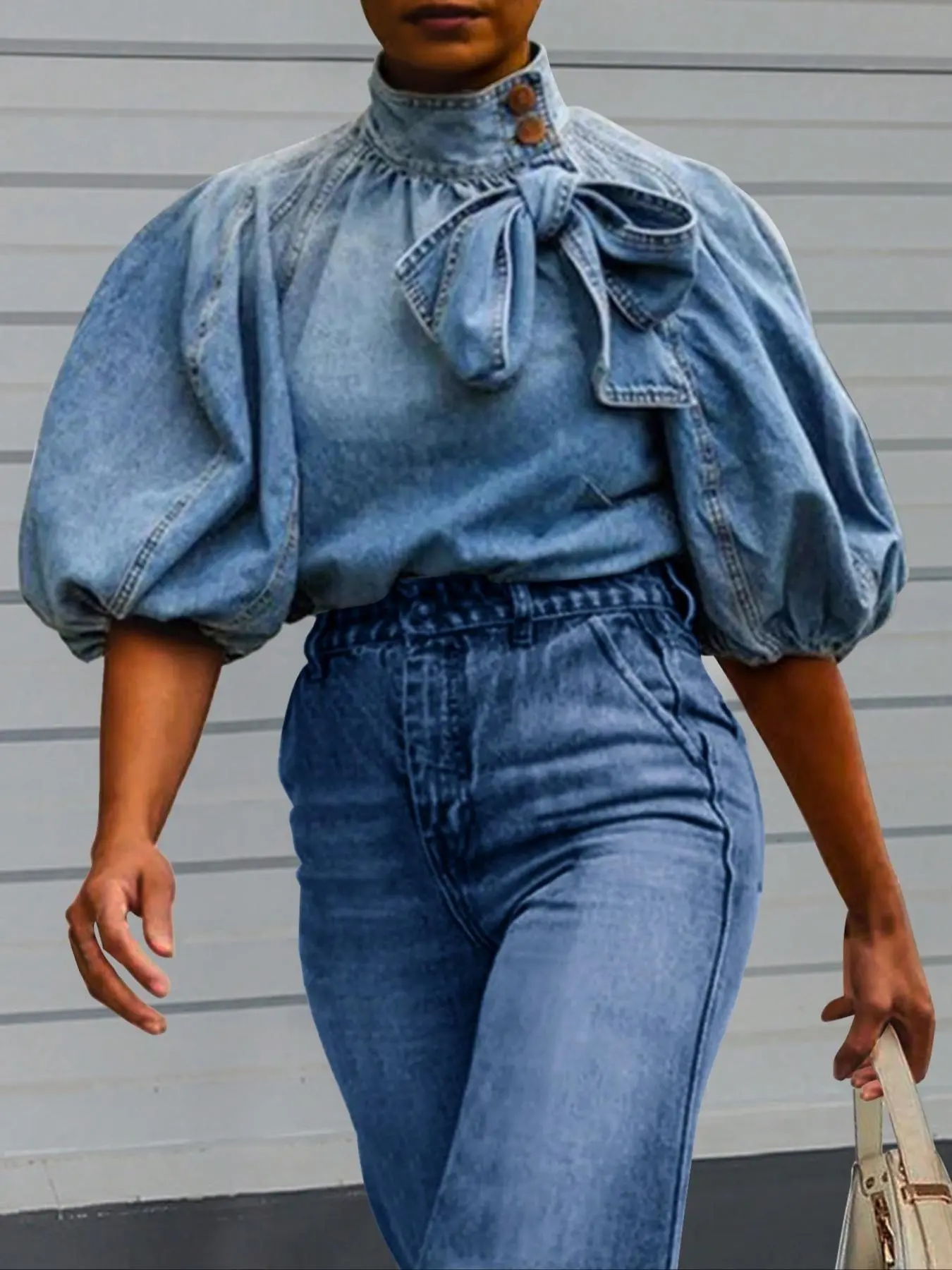 Women's Denim Blouse, High Neck Shirts, Street Fashion Casual Denim Baggy Top for Daily Outdoor Wear, Women's Clothing for All Seasons