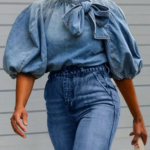Women's Denim Blouse, High Neck Shirts, Street Fashion Casual Denim Baggy Top, Loose Tops for Daily Outdoor Wear, Women's Clothing for All Seasons