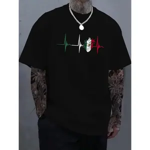 Men's Regular Fit Heartbeat & Mexico Flag Print Round Neck Tee, Casual Short Sleeve Crew Neck T-shirt for Summer, Fashion Men's Top for Daily Wear, Tropical