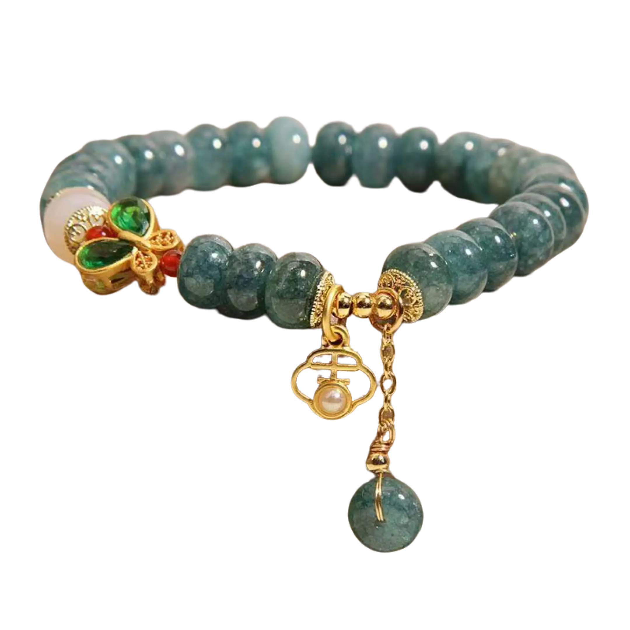 Natural Green Jadeite Beaded Bracelet with Gold-Plated Butterfly & Cloud Charms
