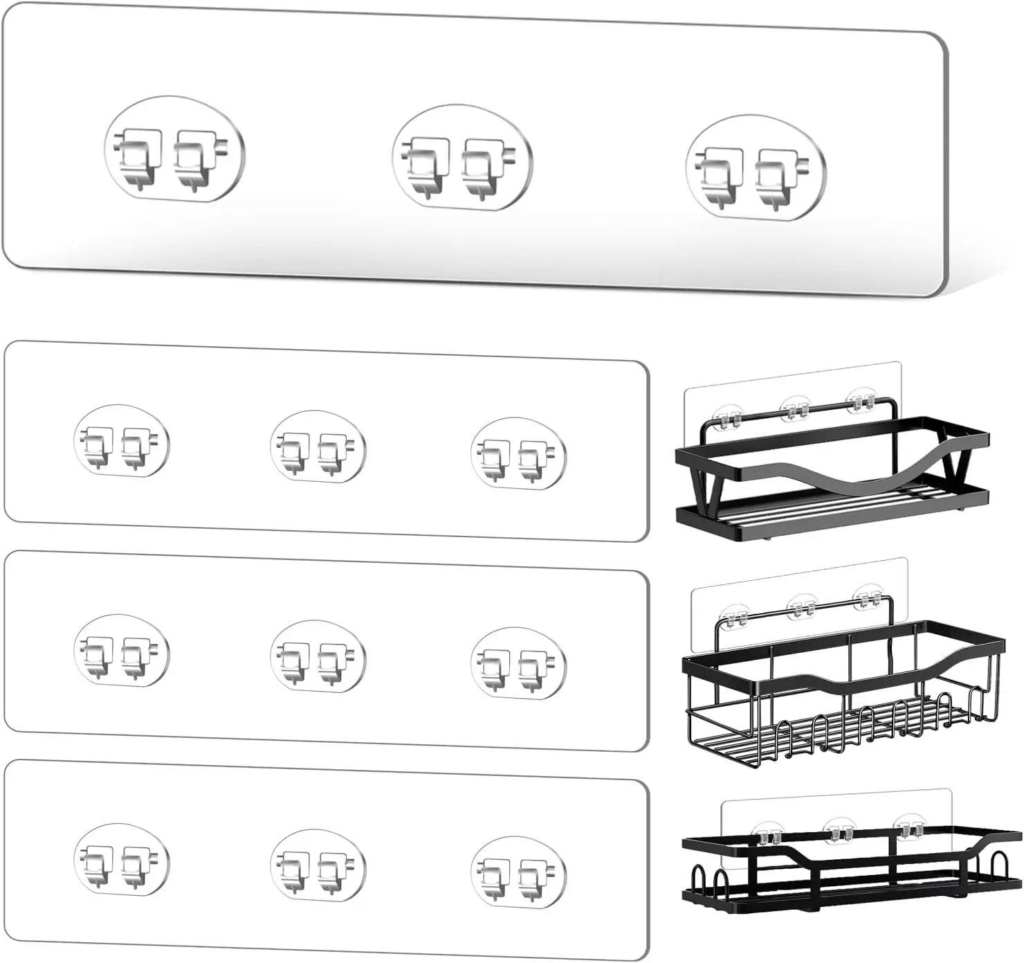 4 Pack Shower Shelf Adhesive Replacement, No Drilling Transparent Adhesive Hooks Stickers, Strong Wall Hook Strip for Shower Caddy Basket and Bathroom Shelf, Kitchen Racks (3 Hooks)