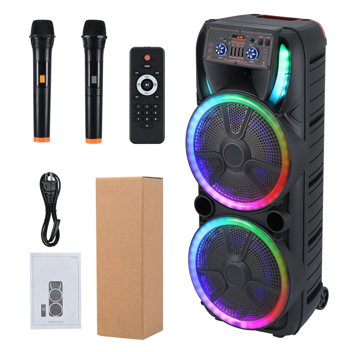 Dual 15 inch Karaoke Speaker System W/ 2 Microphone Portable Party Box Loud Big Speaker Wireless Bluetooth Stereo Rechargeable Remote Control LED Lighting Cable Handle
