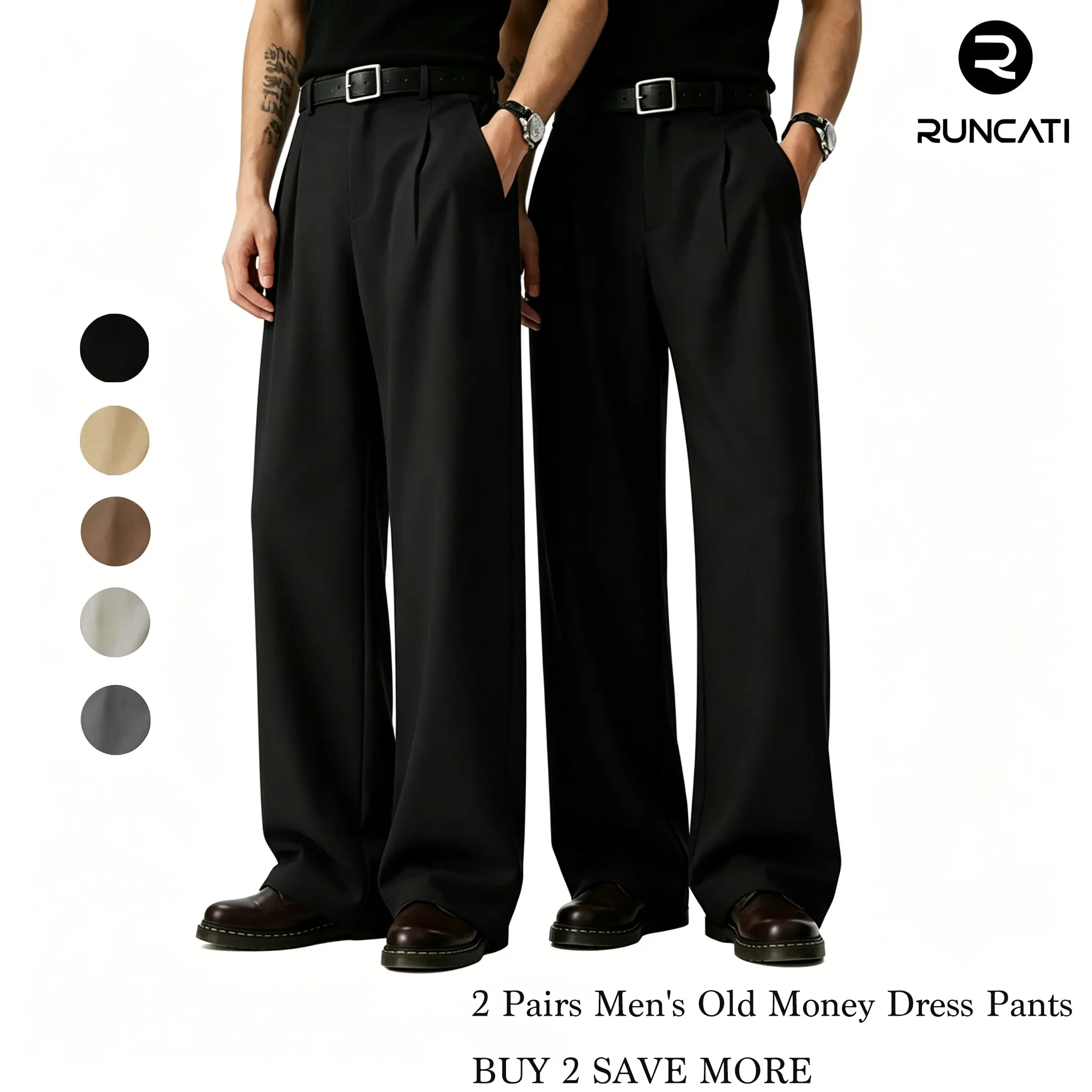 2-Pack Runcati Men Old Money Pleated Wide Leg Pants Relaxed Baggy Business Casual Work Trousers 30"/32"