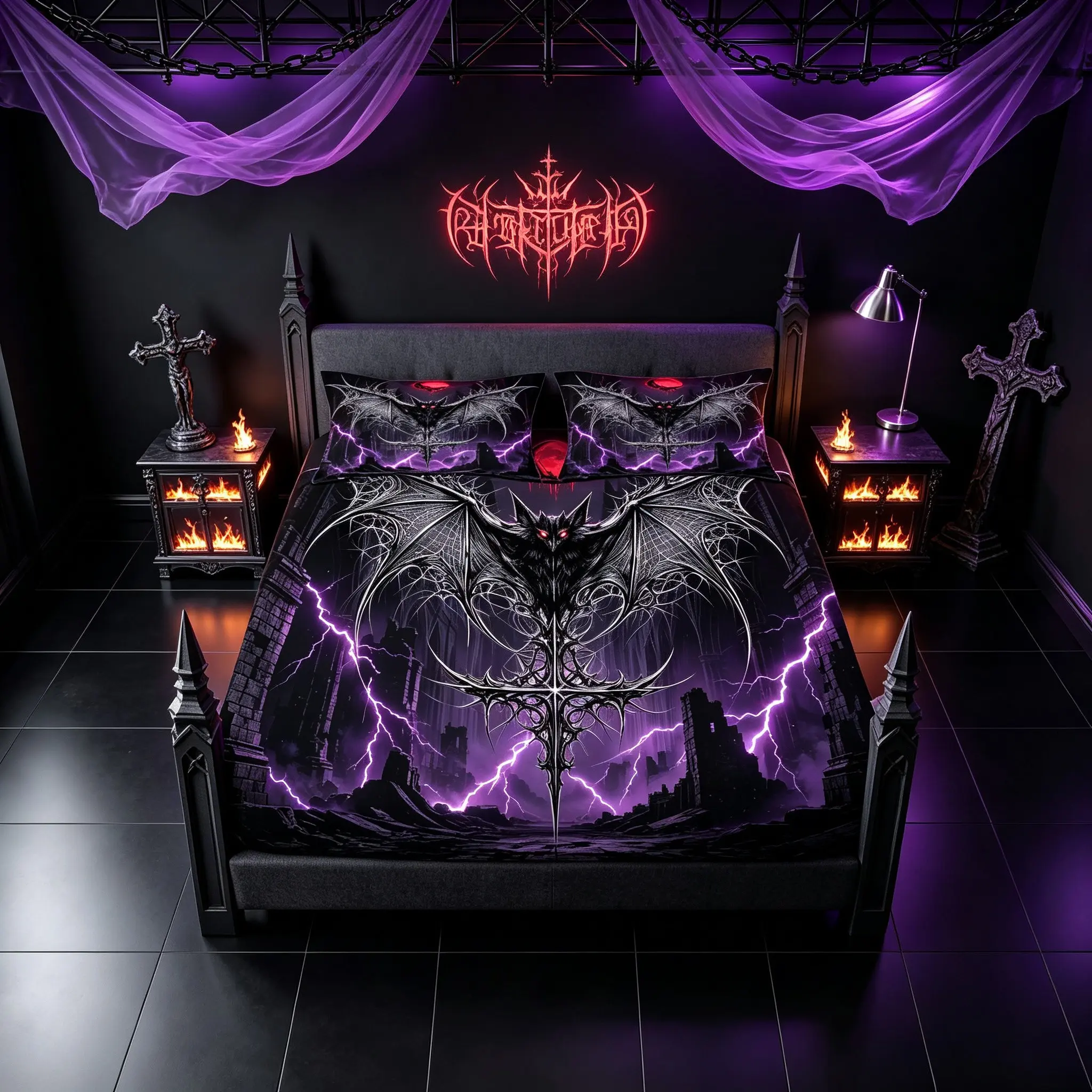 3‑Piece Dark Gothic Bat Fitted Sheet Set, Vampire Blood Moon Lightning‑Style Digital Print Bedding, Without Insert, Stylish Bed Cover for Bedroom Decor & Gifting to Gothic and Dark‑Style Enthusiasts, Decorative Bedsheet Sets