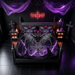 3‑Piece Dark Gothic Bat Fitted Sheet Set, Vampire Blood Moon Lightning‑Style Digital Print Bedding, Without Insert, Stylish Bed Cover for Bedroom Decor & Gifting to Gothic and Dark‑Style Enthusiasts