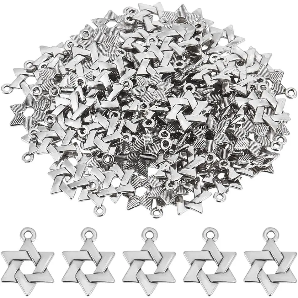 1 Box 120 count Star of David Charms Bulk Magen David Star Charm Six Points Stars Alloy Retro Tibetan Silver Hexagram Lucky Charms for Jewelry Making Supplies DIY Necklace Bracelet Earrings