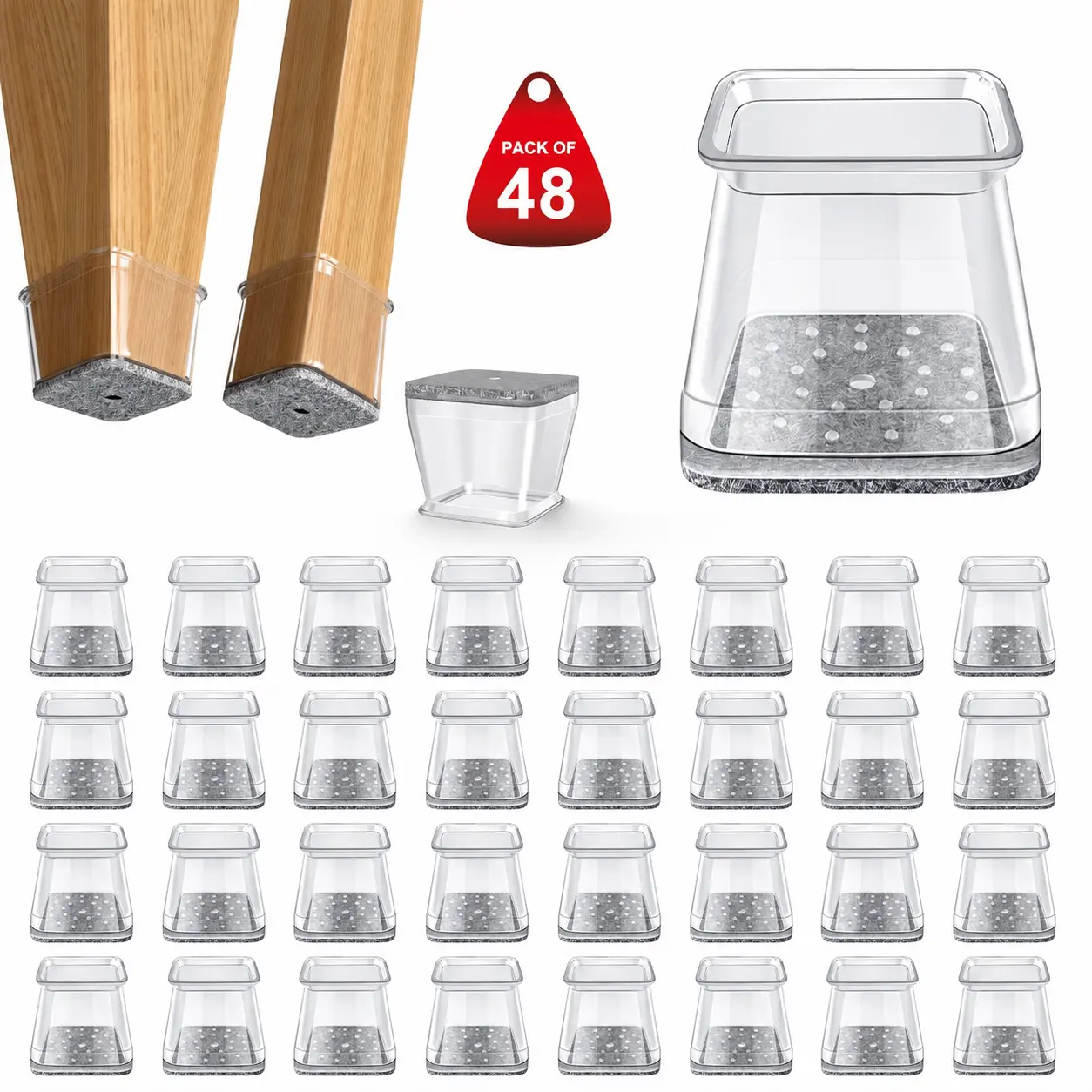 Summervibes Square Chair Leg Floor Protectors for Hardwood Floors, Non-Slip Silicone Felt Furniture Pads, Clear Rubber mat Chair Leg Caps & Sliders, L Size (Fit 1"-1.42") covers Floor Protection