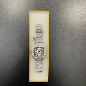 Mens Iced Out Bling Watch with Skeleton Dial Roman Numeral Silver Tone Hip Hop Style Luxury Timepiece