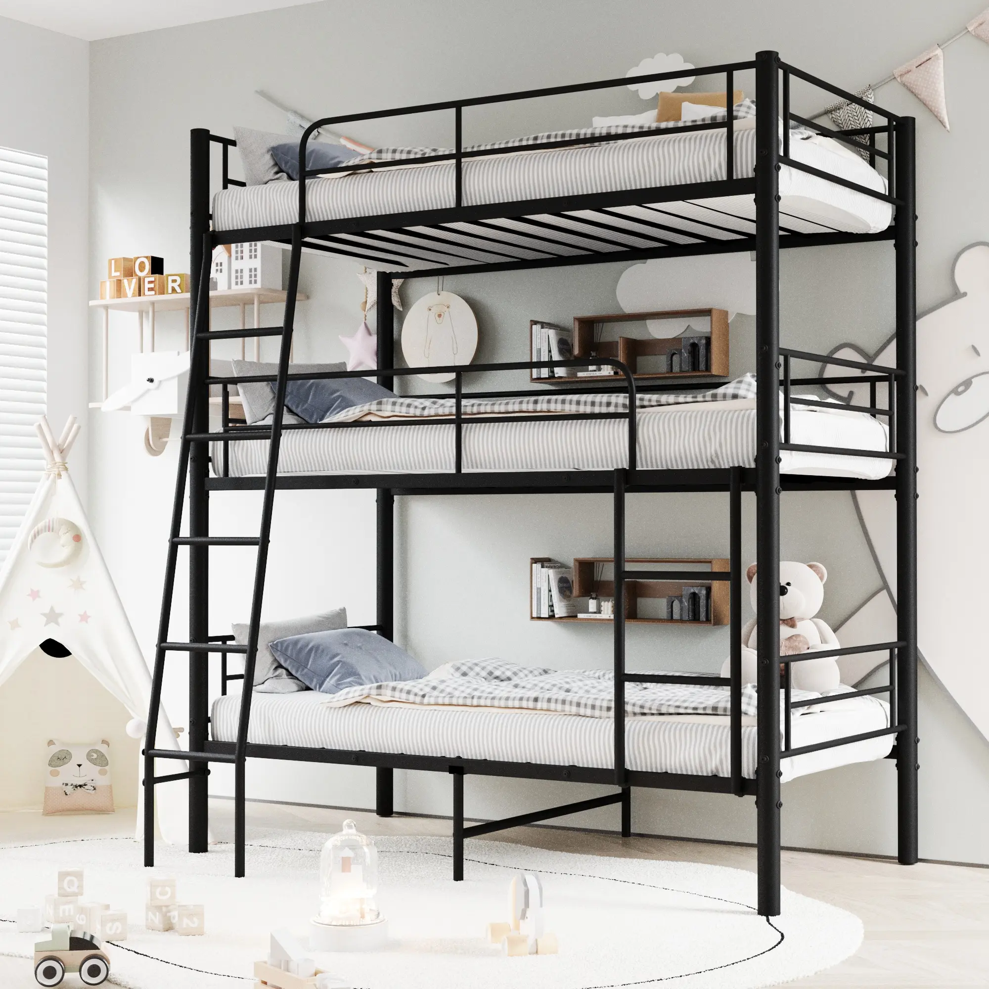 Eyisean 84.6" Tall Metal Triple Bunk Bed, Modern Twin Size Black 3 Bunk Bed Frame with Guardrail & Ladder, Separates Into 3 Beds, Heavy Duty Beds for Bedroom, No Box Spring Needed, Easy Assembly