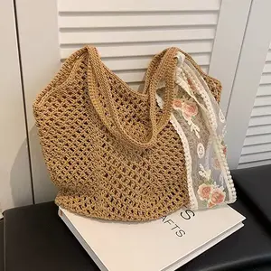 Women’s Crochet Tote Bag – Boho Straw Knit Shoulder Bag with Floral Lace Scarf, Summer Beach & Vacation Bag