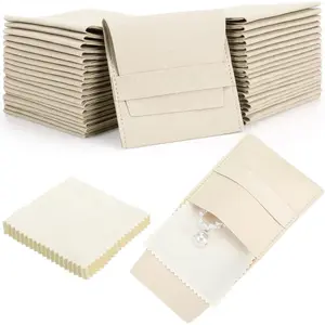 120 Pcs Microfiber Jewelry Pouch 8x8cm Luxury Gift Packaging Bag Fixed Strap Envelope Style with Cleaning Cloth Beige