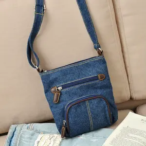 Women's Casual Blue Denim Crossbody Bag | Adjustable shoulder strap, multiple pockets, zip closure, machine washable for daily use, small gold tip