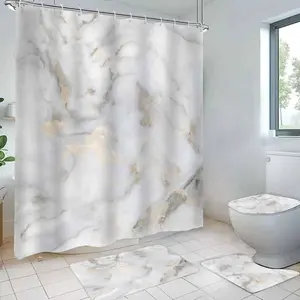 Marble Pattern Bathroom Set, 4 Counts/set Including Shower Curtain & Toilet U-shape Mat & Rectangular Mat & Toilet Lid Cover, Bathroom Decor Supplies, Shower Curtain Sets