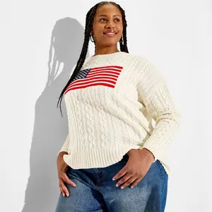 Women's Crewneck American Flag Pullover Sweater - Wild Fable Dark Off-White Flags 3X