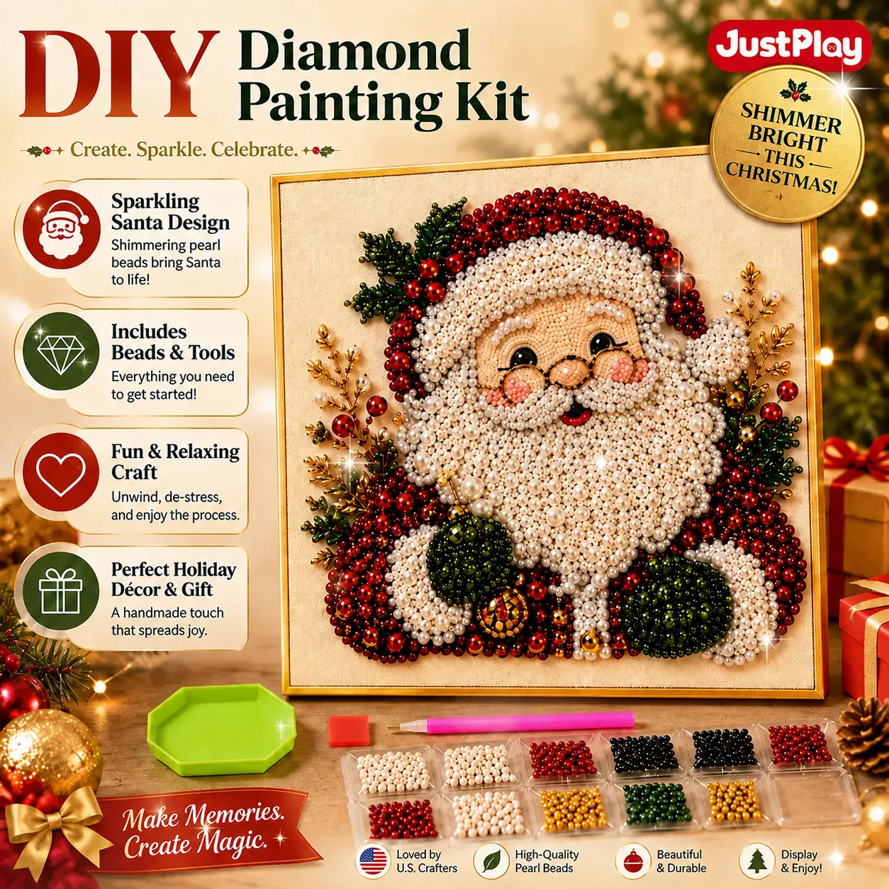【JustPlay Design】2026 Festive 3D Pearl Beads Diamond Art Craft Kit with Artboard, DIY Mosaic for Adults, Santa Reindeer Wreath Stocking Tree Decor, Holiday Gift
