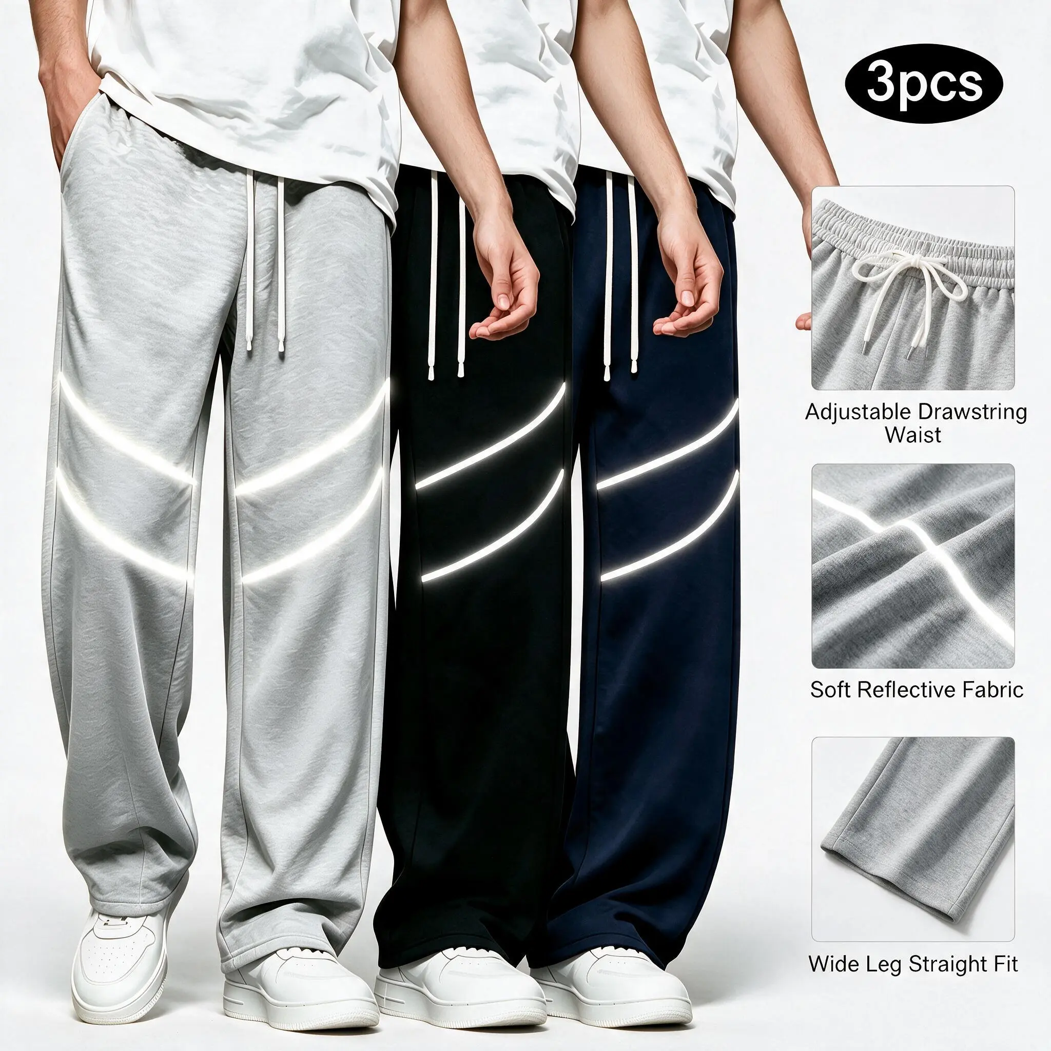 Unisex 3-Pack Lightweight Jogger Sweatpants – Breathable Athletic Pants with Drawstring Elastic Waist, Reflective Stripes for Night Safety, Loose Comfy Fit for Gym, Running, Hiking, Travel, Lounge, Streetwear & Everyday Casual Wear Sizes S-2XL