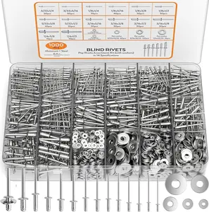 1000 count  Pop Rivets Assortment Kit, 14 Sizes Pop Rivets (3/32" 1/8" 5/32" 3/16" 1/4") with 5 Size 304 Stainless Steel Backup Washers, Assorted Blind Rivets for Metal with Storage Case