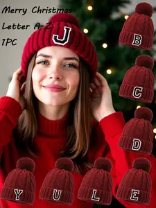 Unisex Knitted Beanie Hat with Anti-Slip Inner Lining, Elastic Fit, Christmas Accessory, Letter A-Z Available, All Seasons, Knit Hats