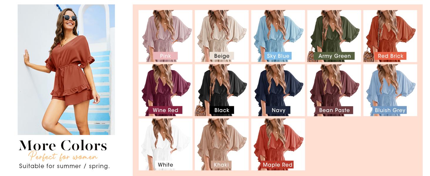 Cicy Bell Women's V Neck Beach Romper Ruffle Layered Drawstring Waisted Shorts Jumpsuit Soft Stretchy Material Boho Holiday Dress