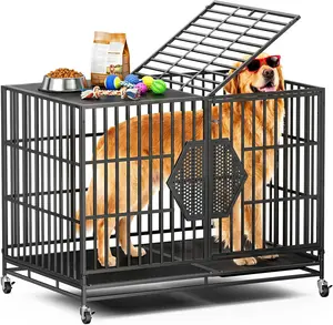 CAMMOO 48'' Heavy Duty Dog Crates for Large Dogs – Reinforced Square Tube Frame, Chew-Proof Dual Top Fences, Dog Kennel Indoor, Comfort & Easy-Clean Split Floor, Dog Cage with Extra-Wide Door