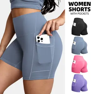 CHRLEISURE 4-Pack Biker Shorts with Pockets High Waisted Workout Gym Running Yoga Shorts For Women Solid Color