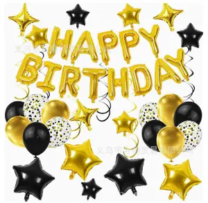 59 Pcs Black Gold Happy Birthday Balloons Set, Foil Letter Banner with Star Balloons, Latex Balloons & Hanging Swirls for 16th 18th 21st 30th 40th 50th 60th Birthday Party Backdrop Decorations