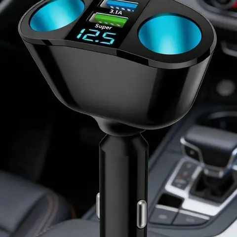 5-in-1 Electroplated Magnetic Charging Car Cigarette Lighter Splitter - In Car Charger, 2-Socket 12-24V Fast Charging Supported, USB Mobile Charger, Dual USB QC3.0, 20W PD Type-C, 360° Swivel Head, LED Voltmeter, Dashcam/Smartphone/GPS Interior Accessory
