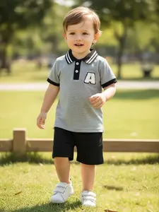 Men's Summer Casual Set, Colorblock A-Line Embroidered Short Sleeve Top & Pure Shorts, Fitted Style