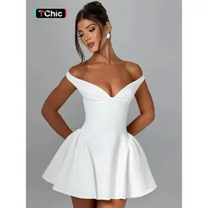 Women’s plain off-the-shoulder dress — an elegant, classy, flattering, sexy short dress with a back zipper for parties, clubs, and dates; women’s summer dress