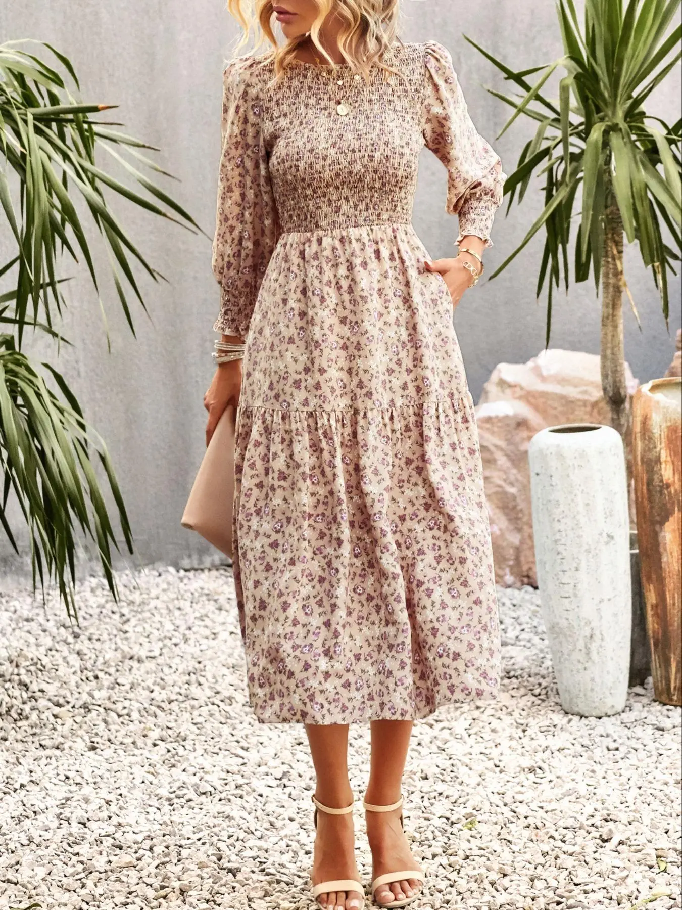 Women's Long Sleeve Ditsy Floral A-Line Frill Dress - Mid-Length, Round Neck, French Style, Machine Washable Spring Beach Vacation Casual Wear