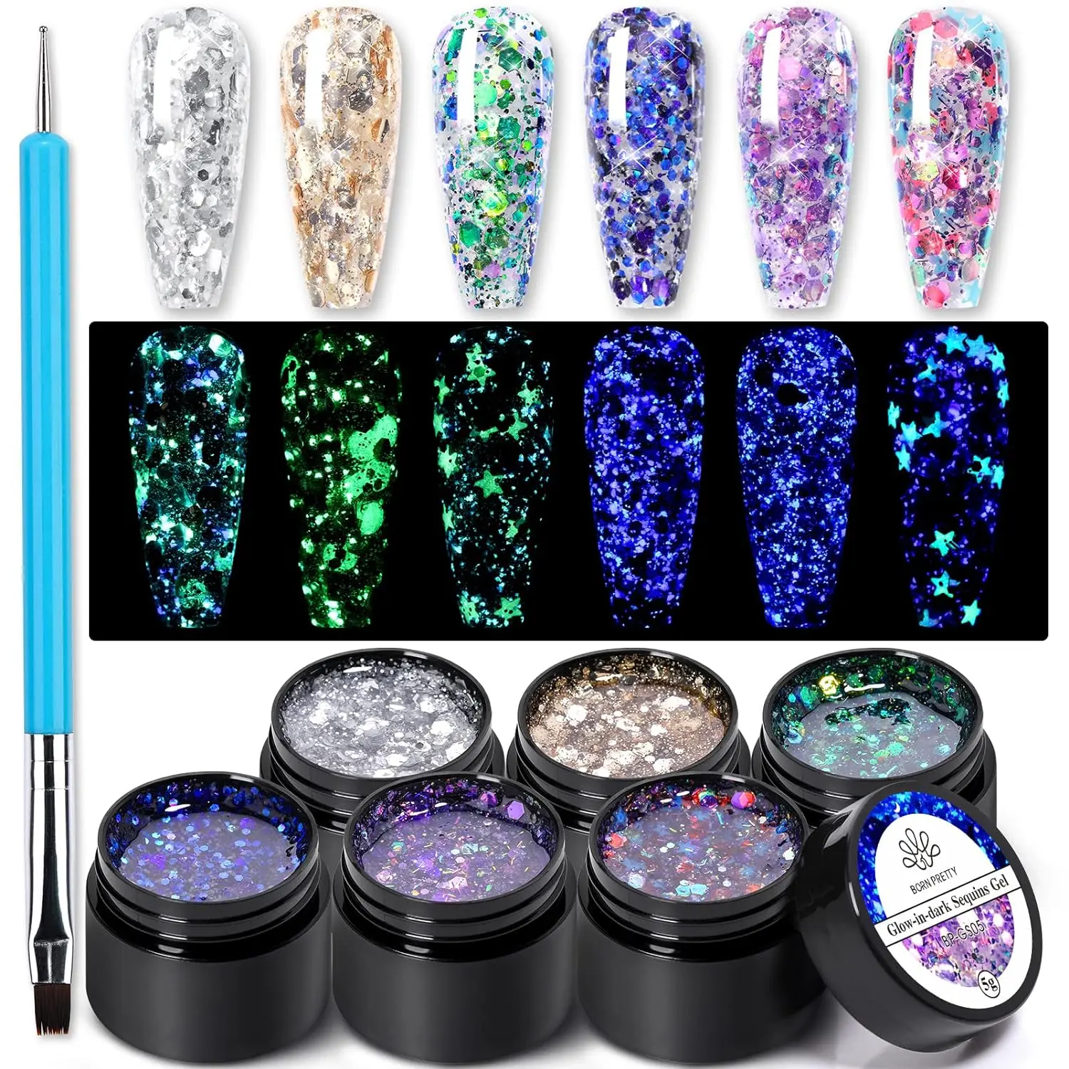 BORN PRETTY Glow in the Dark Sequins Gel Nail Polish Kit 6 Color Luminous Sparkly Shiny Gel Nail Polish with Nail Brush DIY At Home Manicure Nail Art Varnish Christmas Gift Nail Care Nail Tech Supplies Christmas Nails