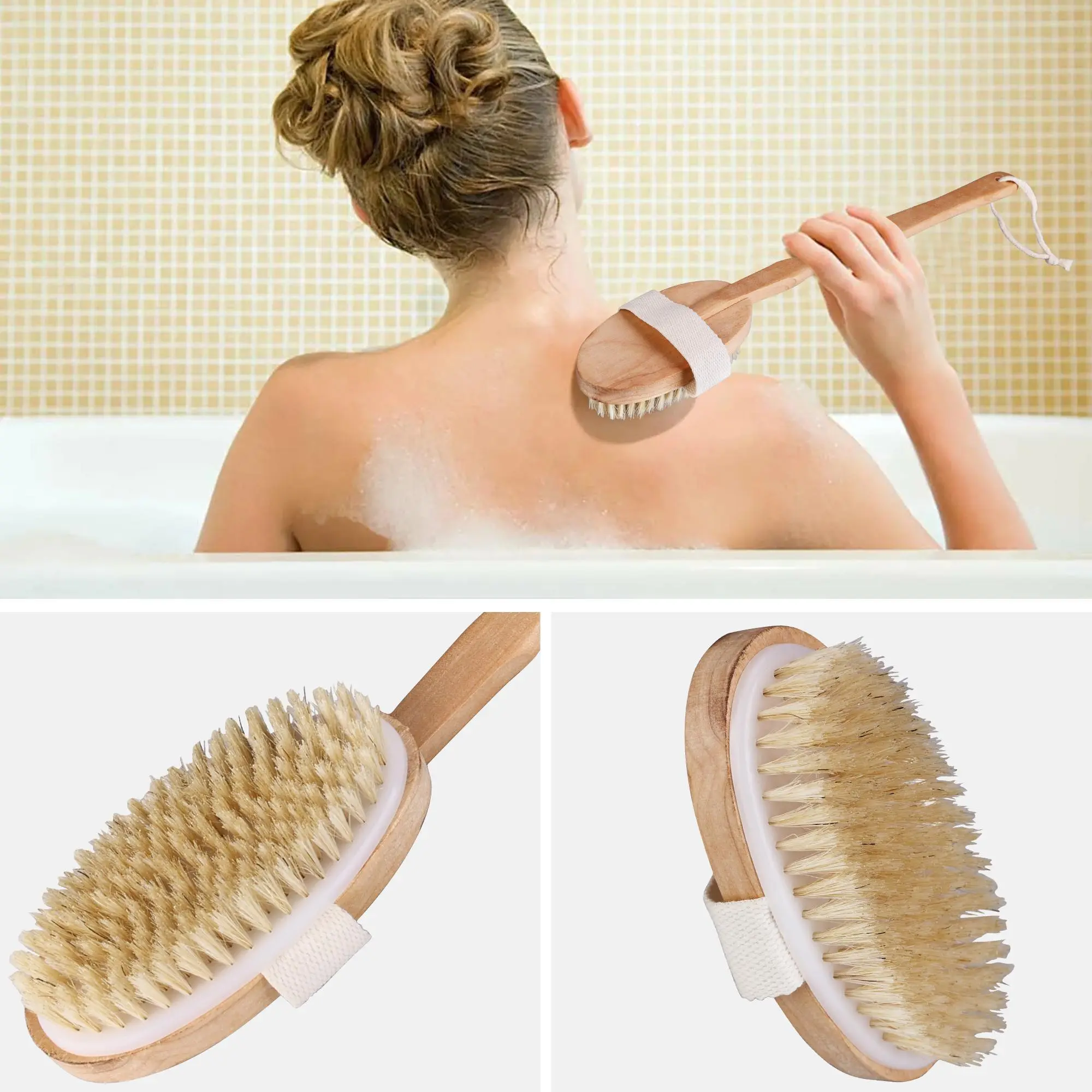 Back Scrubber for Shower - 16.5" Long Handle Shower Brush - Natural Bristle Back Brush - Ergonomic Handle + Silicone Anti-Slip Grip Men, Women + Seniors Love This (Regular Bristles)