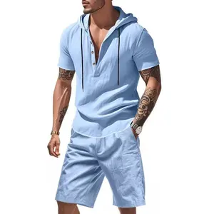 Men’s casual linen hooded set — loose, breathable polo shirt and linen shorts — ideal for home wear, walking, outdoor vacations — multiple colors — great gift idea — offers available — menswear, clothing, T-Shirt