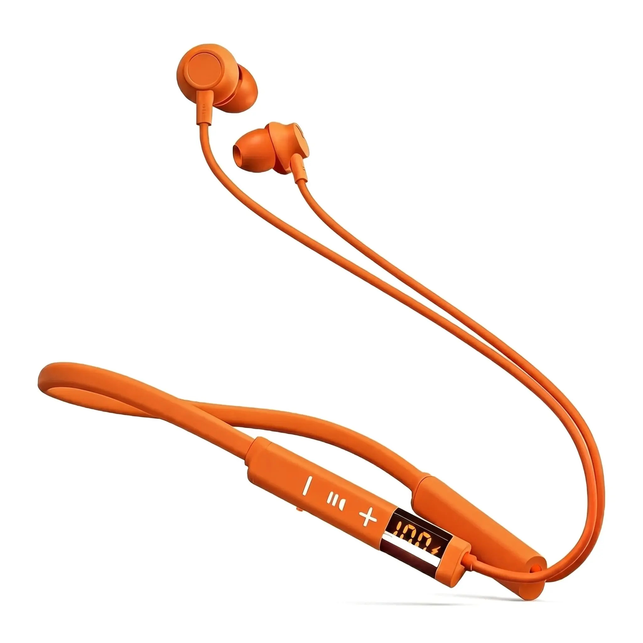 Digital Bluetooth Orange Neckband Wireless Earbuds - Durable IPX4 Sweatproof Silicone In-Ear Headphones, Hi-Fi Sound, LED Battery Display, Magnetic Connection, Cable Management, ENC Noise Cancellation, Smart Voice Assistant for Sports & Hands-Free Calls