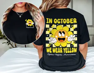 Custom Name In October We Wear Yellow for Spina Bifida Awareness Shirt, Smiling Flowers Spina Bifida Support Shirt, Inspirational Gift for Spina Bifida Warrior