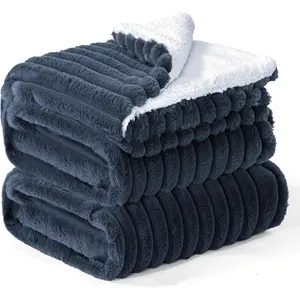 Sherpa Fleece Queen Size Blanket - Super Soft & Warm Striped Fleece, Cozy Plush Fluffy Large Bed Blanket All Season Use (Navy Blue, 90x90 Inches)