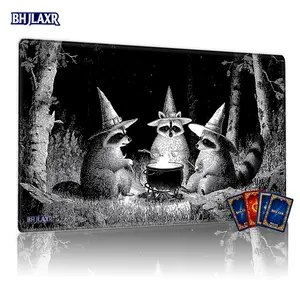 Anthropomorphic Raccoons Magical Ritual MTG Playmat - 12x24in Non-Slip TCG Game Mat for Card Games, Family Party & Gift, Whimsical Ethereal Forest Art, Witch Hat Raccoon Design, Black and White Detailed Linework