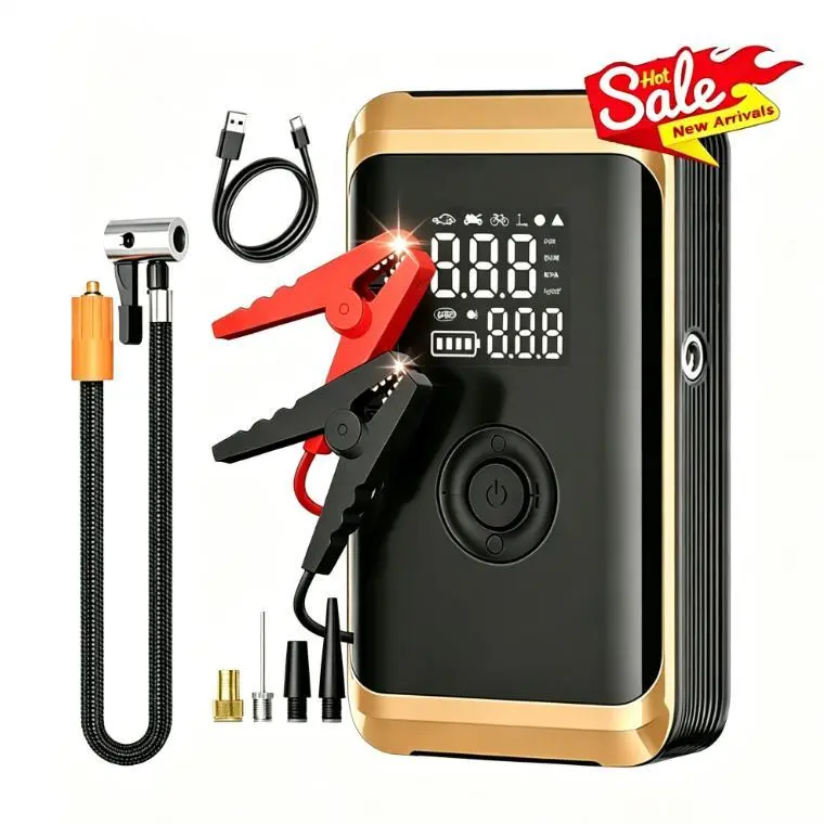 Portable Roadside Emergency Jump Starter, 800A Peak 6000mAh Car Battery Booster Built-in Tire Inflator, Power Bank & LED Light for Vehicle Emergency Use
