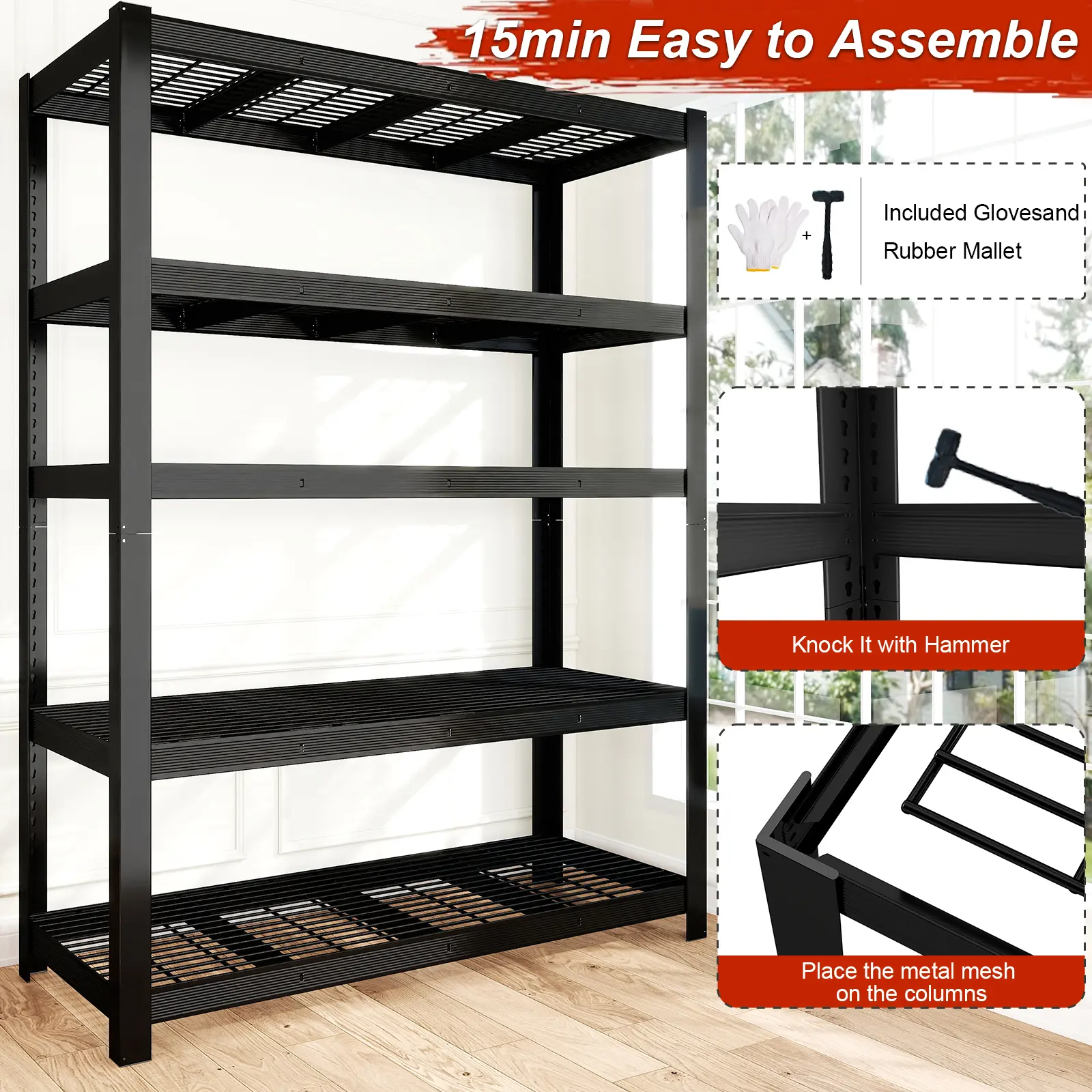 ZEUKMXOO Freestanding Heavy-Duty Metal Storage Rack Organizer - Iron Mesh Shelves, 385 lbs Per Layer Load Capacity - for Closet, Garage, Kitchen - Holds Clothes, Books, Power Tools