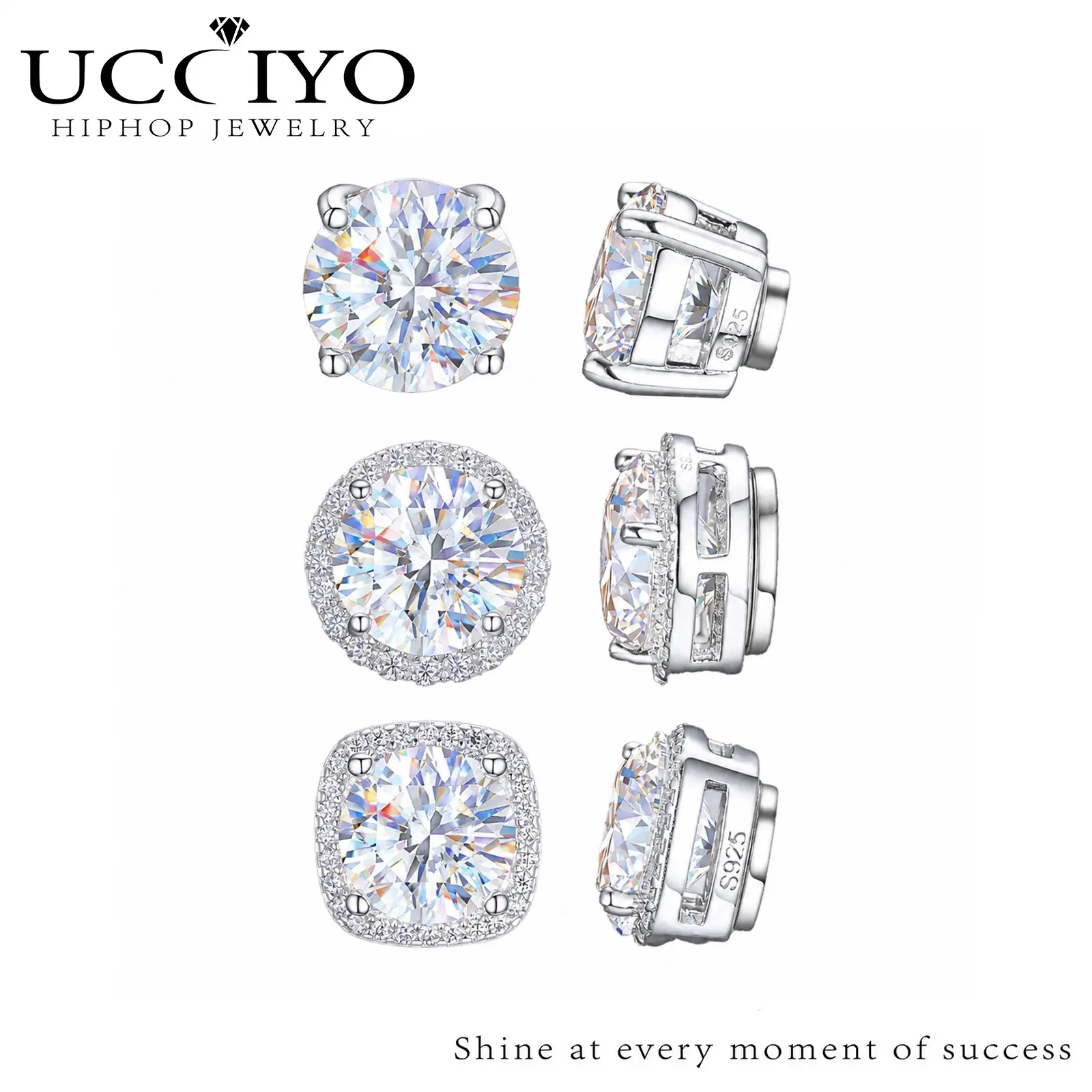 UCCIYO 1 Pair of S925 Silver Stainless Steel Magnetic Stud Earrings, Unisex, No Piercing Required, Synthetic Moissanite Gemstones, 5-8mm.E205 E206 E206