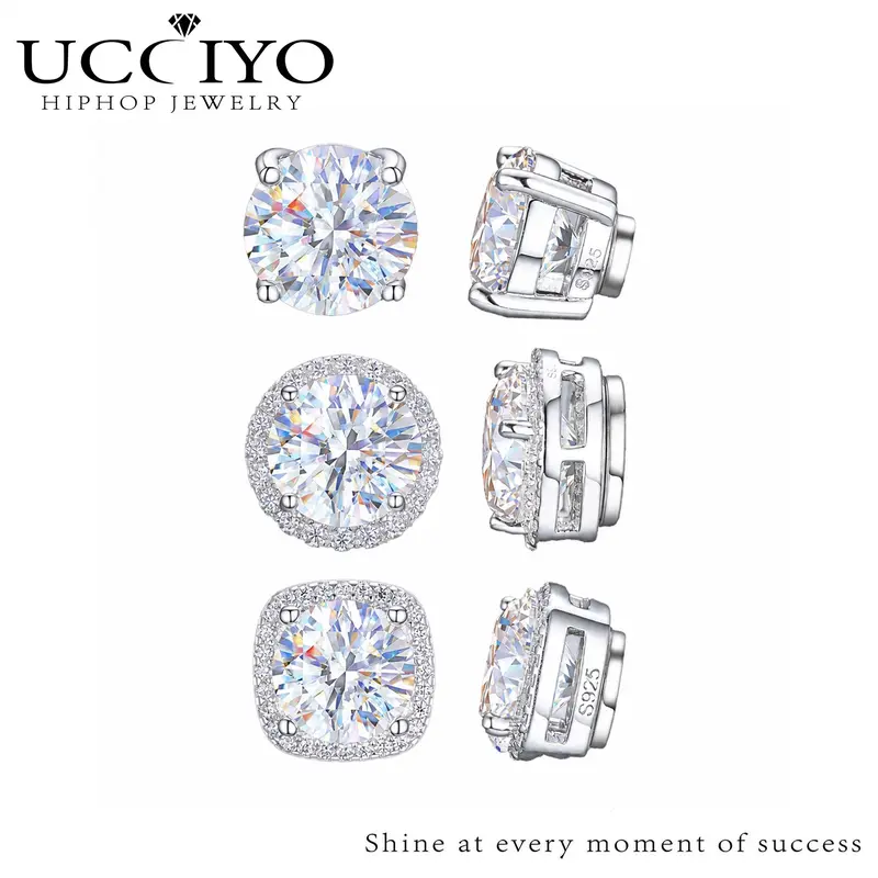 UCCIYO 1 Pair of S925 Silver Stainless Steel Magnetic Stud Earrings, Unisex, No Piercing Required, Synthetic Moissanite Gemstones, 5-8mm.E205 E206 E206