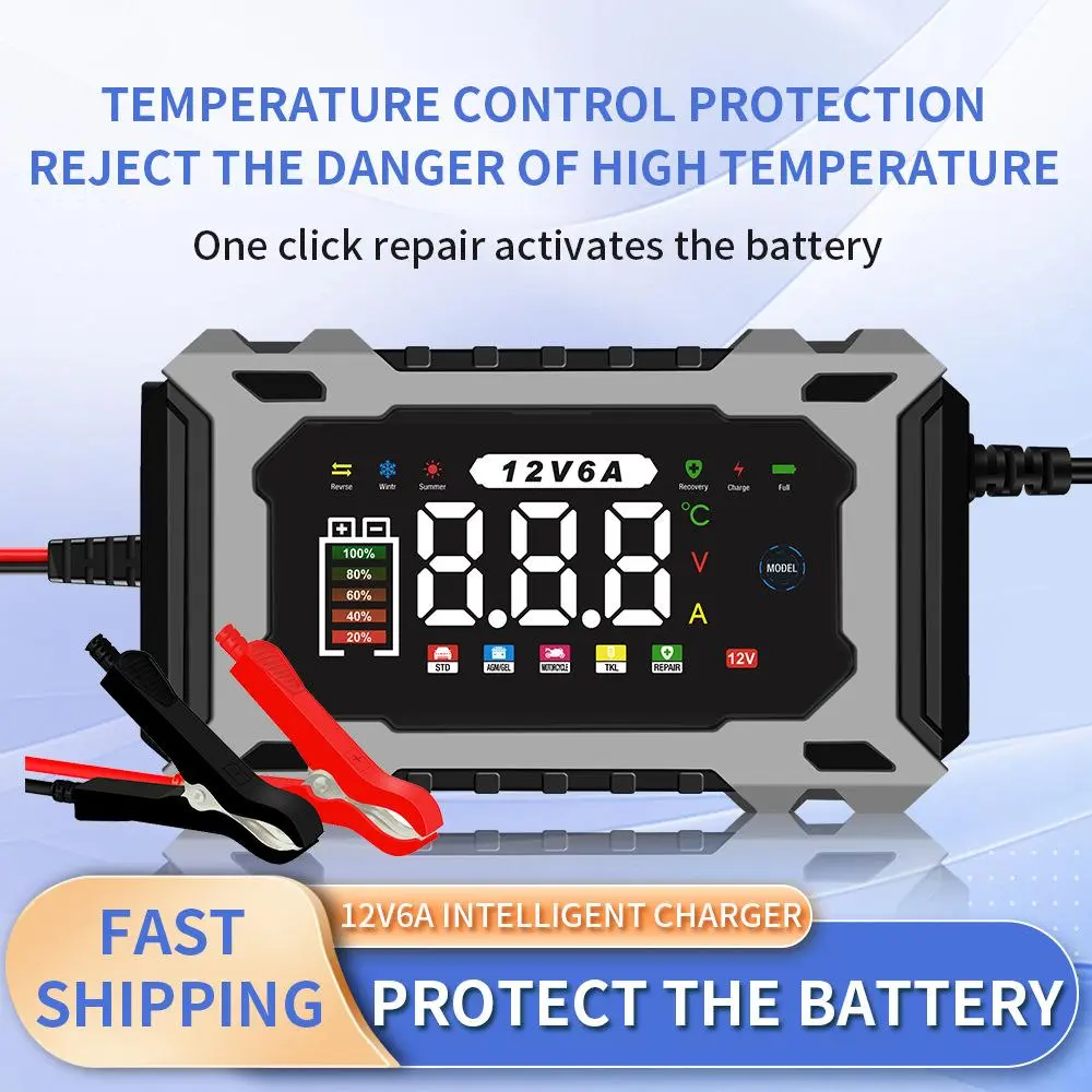 12V6A Smart Battery Charger, Maintainer & Trickle Charger for LiFePO4, Lead Acid Batteries for Motorcycle Car Truck Lawnmower Boat car battery charger, automatically stops when fully charged