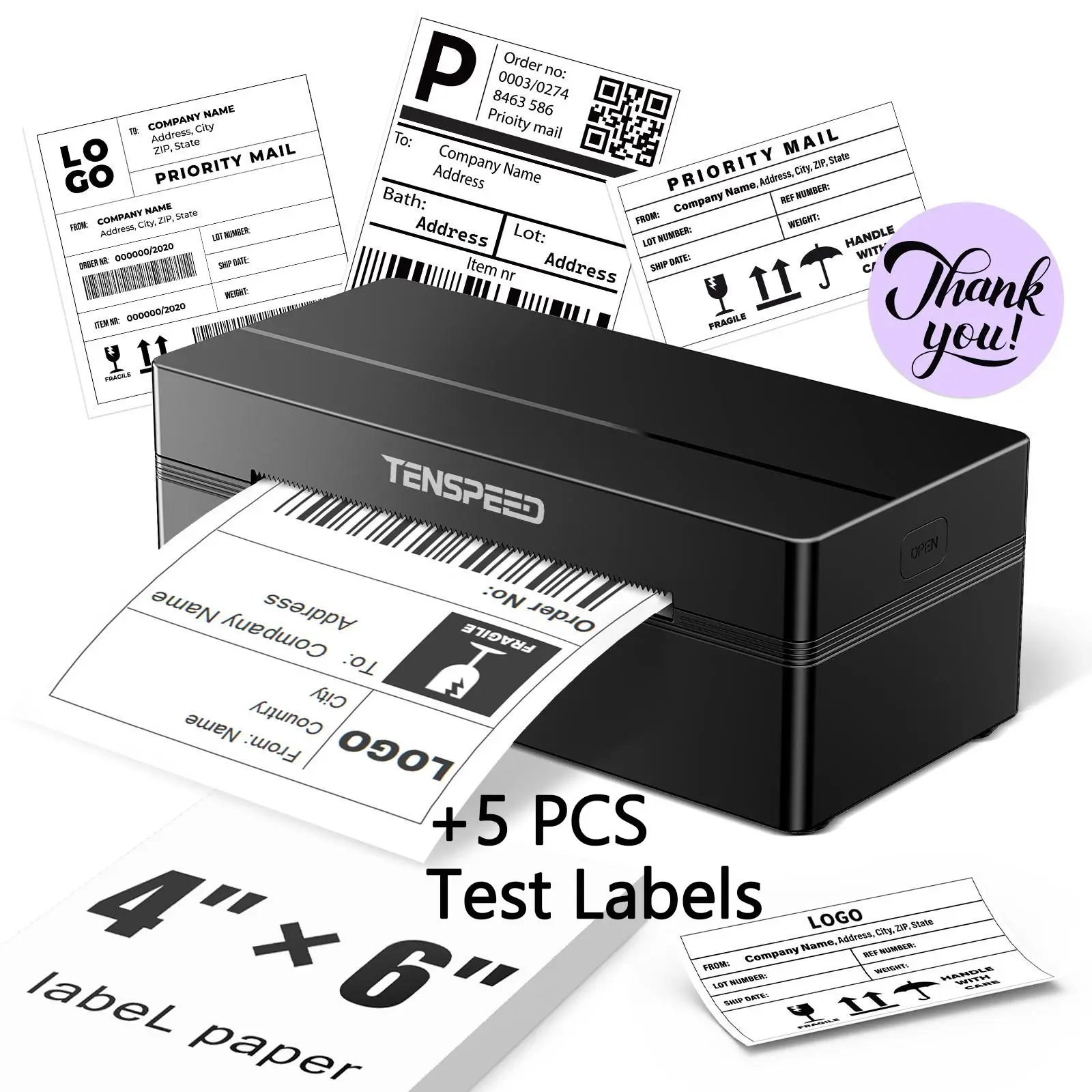 TENSPEED RP425 Bluetooth Wireless Inkless Thermal Label Printer - Printing Machine, Thermal Barcode & Shipping Label Maker, Compatible with iOS, Android, Windows, Mac, Chromebook, Ideal for Etsy, Shopify, USPS,Includes 5 PCS Test Labels
