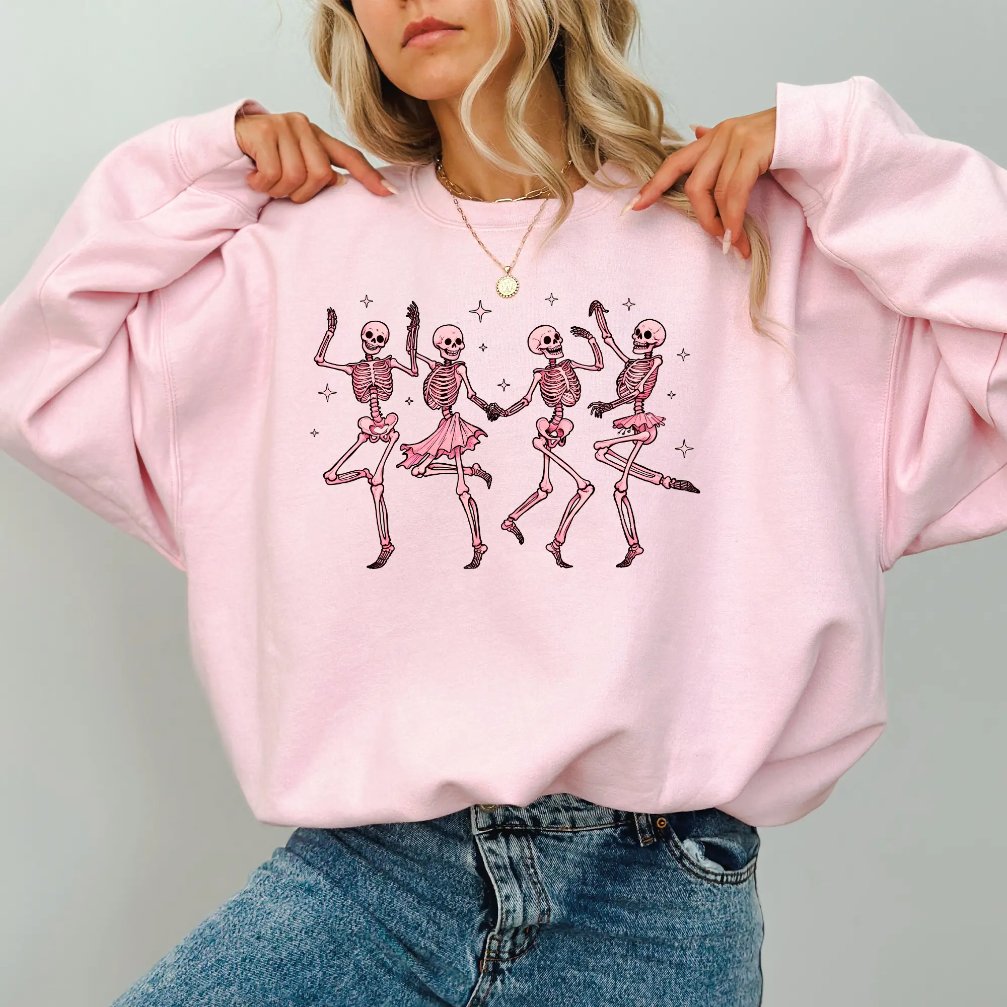 Pink Dancing Skeletons Sweatshirt, Girly Skeleton Halloween Sweater, Halloween Apparel, Girly Coquette Halloween  Crewneck, Funny Skeletons Dancing Long Sleeve Pullover, Halloween Gift, Women's Top, Womenswear, Soft Cozy Fabric Sweatshirt