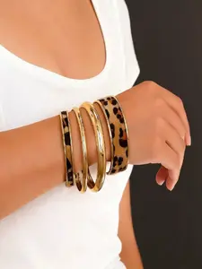 4pcs Leopard Print PU Leather & Minimalist Metal Bangle Bracelet Set, Stylish Jewelry for Women, Perfect for Layering