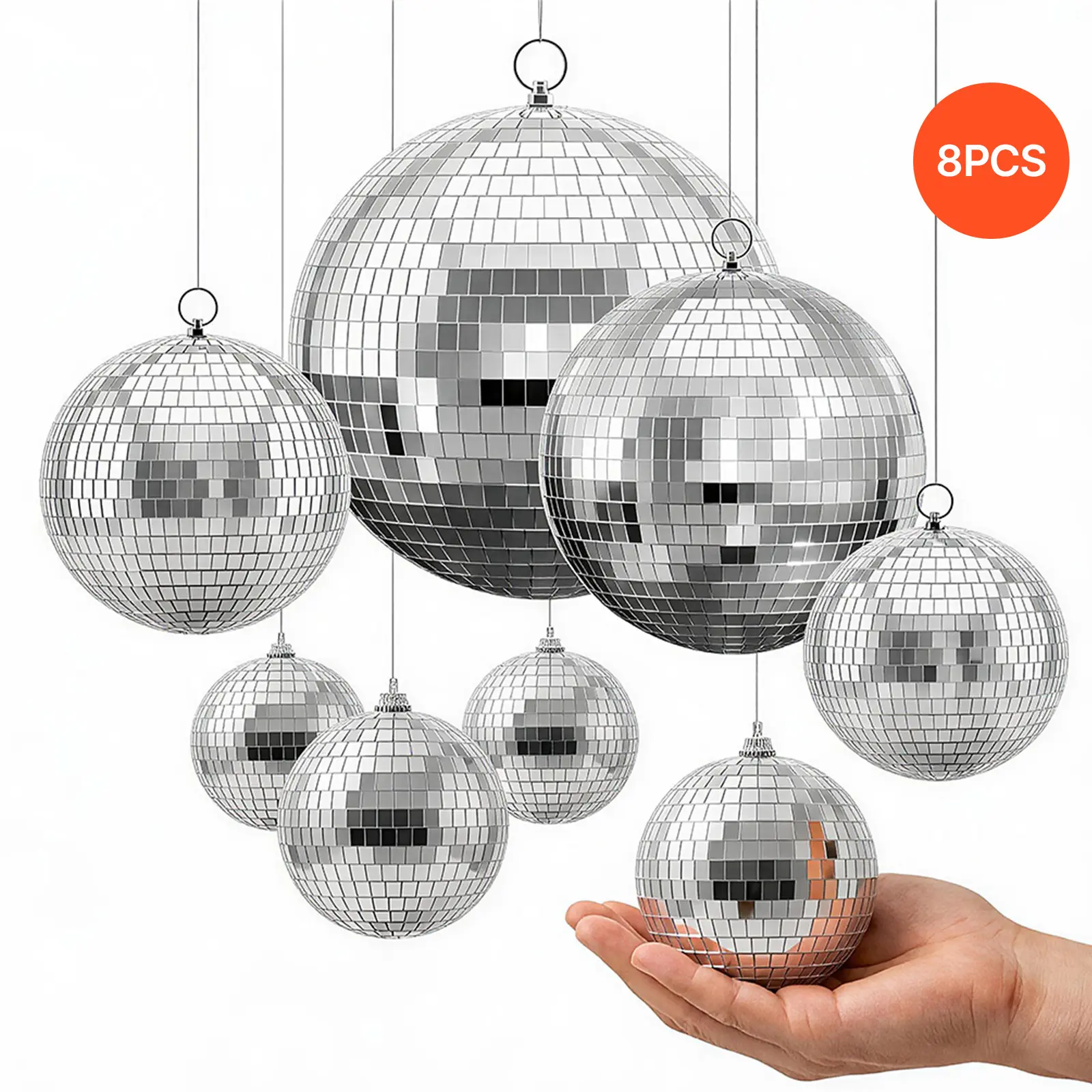 VEVOR Mirror Disco Ball 4" 6" 8" 12" 8-Pack Silver Balls with Hanging Ring, for Party Home Decoration Stage Props DJ Dance Club, 2 Mirror Tile Sizes, Reflects Light, Wedding Music and Birthday Decor
