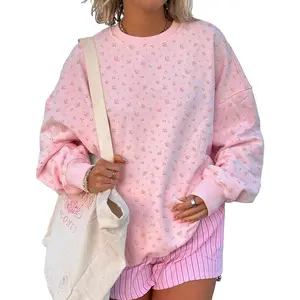Women Oversized Ditsy Floral Crewneck Sweatshirt Lightweight Fleece Drop Shoulder Pullover Y2K Aesthetic Fall Outfits